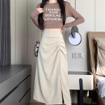 Midi sijonai vienspalviai klostuoti Eleganti&scaron;ki korėjieti&scaron;ki pavasario vasaros gatvės drabužiai laisvalaikio sijonai, moteri&scaron;ki drabužiai S juoda