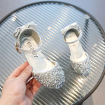 Mergaitės odiniai batai 2024 Nauja mada Princesės batai Kri&scaron;toliniai auk&scaron;takulniai Studentų pasirodymų &scaron;okių batai Mieli vaiki&scaron;ki batai Zapatos Ni&ntilde;a 26insole17.5cm sidabras