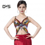 Moterų pasirodymo kostiumas pilvo &scaron;okių trumpas vir&scaron;us atvira nugara be rankovių su blizgučiais lotynų &scaron;okių kostiumas tvarstomas liemenė su reguliuojamomis elastinėmis juostomis blizgus vakarėlio One Size G