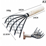 Kriauklių grėblys su tinkleliu 5 dantų medine rankena Grėblys Kriauklių kasimo įrankis Jūros gėrybių kasimo įrankis A3