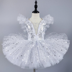 Vaiki&scaron;kas blizgučiais puo&scaron;tas baleto kostiumas, sceninis drabužis, sidabriniai mergaičių modernaus &scaron;okio sijonai, vaiki&scaron;kas baleto tiutu, vakarėlio princesės suknelė, kostiumai 130 sidabras