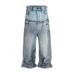 RogueWave CUT-UP Dvisluoksnės Dvigubo Liemens Dėlionės Stiliaus Laisvi Džinsai Vyrams ir Moterims Tiesios Laisvos Atsitiktinės Džinsinės Kelnės Oversized M
