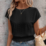 Vasarinė apvali kaklo i&scaron;kirptė žakardinė nėriniuota kasdienė palaidinė moterims trumpomis rankovėmis saldi laisva moteri&scaron;ka mar&scaron;kiniai vir&scaron;ūnės eleganti&scaron;ka vienspalvė atostogų liekninanti balta palaidinė 26365 XL balta