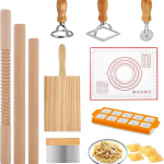 Makaronų gaminimo rinkinys 10 dalių, mediniai makaronų gaminimo įrankiai su kočėlu ir lenta, ravioli antspaudas ir koldūnų ravioli formelių rinkinys itali&scaron;kiems makaronams, ravioli 10pcs