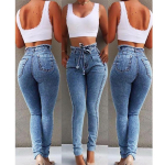 Moteri&scaron;ki Bandage Denim Plus Size Jeans Femme Pencil Pants Skinny High Waist Jeans L mėlyna
