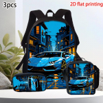 3 vnt. paaugliams skirtas sportinio automobilio ra&scaron;to kuprinės rinkinys, didelės talpos, kasdieniam važiavimui į darbą ir kelionėms, &scaron;aunus dizainas, mokyklinė kuprinė