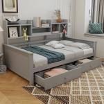 Sofa lova 90x200, su stalčiais ir lentynomis, grotelinis rėmas, vaiki&scaron;ka lova, jaunimo lova, viengulė lova, medžio masyvo lova Pilka 205 x 97 x 110 cm pilka