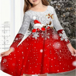 Mergaitės laisvalaikio 3D kalėdinė elnio katės suknelė su apvaliu kaklu ilgomis rankovėmis, vaiki&scaron;ka princesės suknelė 130