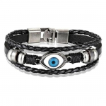 Perfect Blue Evil Eye Odinė pinti sluoksniuota juoda apyrankė su reguliuojama juostele vyrams 21cm