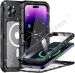 Prabangus vandeniui atsparus metalinis dėklas IPhone 15 Pro Max 15 Plus su įmontuotu ekrano apsauginiu stiklu, tvirtas viso kūno apsaugos, karinio lygio, atsparus smūgiams iPhone 15 Pro Max juoda