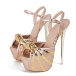 Madingo prabangaus dizaino 16 cm sandalai su pakulnais Moteri&scaron;kos klostuotos odinės atviros auk&scaron;takulnės Striperio &scaron;okių bateliai Vasarinės platforminės basutės 38 abrikosas