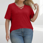 Women's Fashion Casual Solid Colour V-Neck Short Sleeve Large Size T-Shirt Top L