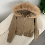 Kailinis paltas Moterims Megztas kardiganas Natūralaus lapės kailio paltas Moterims Tikro mongoli&scaron;ko kailio megztiniai Pavasaris Ruduo Su gobtuvu Megzta kailinė striukė One Size beige