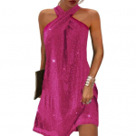 Moteri&scaron;ka suknelė Blizganti blizgučiais, nenuplė&scaron;ta nuo pečių, be rankovių su kryžminiu kaklu, laisvu A formos apvadu, vienspalvė mini suknelė, vakarėliui skirta i&scaron;leistuvių vakarinė suknelė M purpurinė raudona spalva