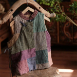 &bdquo;Johnature&ldquo; moteri&scaron;kos vintažinės spalvos liemenės paltai stovi medvilniniai lininiai drabužiai kini&scaron;ko stiliaus diržas plius medvilninės liemenės One Size tamsiai žalia spalva