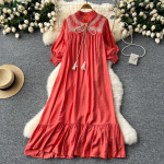 Retro nėrinių suvarstymo raukinių žibinto rankovių laisva vasarinė suknelė A linijos eleganti&scaron;ka atostogų O kaklo moteri&scaron;ka saldi suknelė One Size arbūzo raudonos spalvos