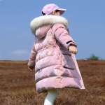 Pūkinė striukė žiema, &scaron;ilta, ilgas stilius, parkas, gaubtas, užtrauktukas, kailinė apykaklė mergaitėms, vir&scaron;utiniai drabužiai, vaiki&scaron;ki drabužiai