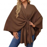 Women Shawl Coat V Neck Fall Winter Oversized Poncho Keep Warm Pure Color Windproof Open Front Shoulder Wraps with Bat Sleeves kava