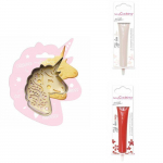 Kit pour biscuit en relief Licorne + 2 Stylos au chocolat blanc et rouge