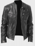 Vyri&scaron;ka Slim Fit PU odos stovo apykakle motociklo striukė su užtrauktuku ir ki&scaron;enės detalėmis. XL juoda