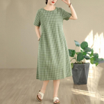 Trumpomis rankovėmis plius dydžio medvilnės lino vintažinis languotas naujas suknelės moterims kasdienė laisva ilga vasarinė suknelė M žalia