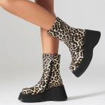 Leopardo Platformos Moteri&scaron;ki Ankle Boots Madingi Plei&scaron;tai Auk&scaron;ti Kulniukai Odiniai Batai 2025 Tendencija Dizainerio Gotikiniai Žieminiai Motociklininkų Batai Moterims 36 brown