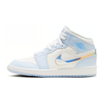 Air Jordan 1 Mid SE GS Blizgantis Swoosh Vaikams Batai Mėlyni Mėlynos Spalvos Vir&scaron;ūnės Balti FQ9117-400 35.5 gray