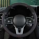 Automobilio vairo apdangalas Premium odinis, siuvinėtas kvėpuojančiu tinkleliu, tinka 14,5-15 colių, universalus visais sezonais juoda