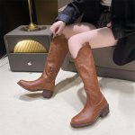 Madingi siuvinėti vakarieti&scaron;ki kauboji&scaron;ki batai moterims, rudeniniai, apvalaus priekio, su storu kulnu, auk&scaron;takulniai batai iki kelių, moteri&scaron;ki, vintažiniai, V formos i&scaron;kirpte, i&scaron; PU odos, ilgi botai 4.5 ruda