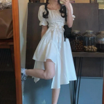 Moteri&scaron;ka balta suknelė Vasarinė Eleganti&scaron;ka Vintažinė Kawaii Puff Sleeve Midi Suknelė Kvadratinė apykakle Tvarstis Sundress Goth Apranga S balta