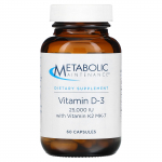 Metabolizmo palaikymas, vitamino D-3, kurio sudėtyje yra vitamino K2, MK-7, 25 000 TV, 60 kapsulių