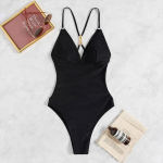 Seksualus vienspalvis maudymosi kostiumas-jumpsuit, bikini, gilios V formos i&scaron;kirptė nugaroje, trikampis S juoda