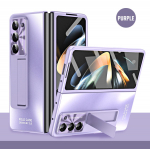 Elektrolitinis kietas PC smūgiams atsparus telefono dėklas Samsung Galaxy Z Fold 6 5 4 3, dėklas su grūdinto stiklo ekrano apsauga, stovo laikiklis For Galaxy Z Fold 6 violetinė