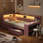 Apmu&scaron;alas 90x200 Dieninė sofa su USB prievadais ir LED juosta, su stalu ir 2 stalčiais, rožinė 242.5 x 102.5 x 93.5 cm rožinė