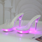 HOKSVZY 190 serijos 14,5 cm kulnas 4,5 cm platforma LED &scaron;viečiantys naktinio klubo &scaron;ou batai 2020 m. vasaros seksualūs seklios burnos kri&scaron;tolo kulnas LFD 35 violetinė