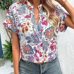 SOWOOLIFE moteri&scaron;kos mados kasdieninės gėlėmis spausdintos palaidinės ir mar&scaron;kiniai trumpomis rankovėmis V i&scaron;kirpte XXL