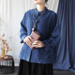 Johnature Moteri&scaron;kos senovinės striukės stovi ilgomis rankovėmis rudeniniai paltai, sagos, vienspalviai kratiniai, ki&scaron;enės, &scaron;varkai One Size tamsiai mėlyna spalva