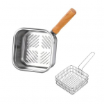 Mažas gruzdintuvės puodas, garintuvas, virtuvės indai, maisto gaminimo įrankis, medinė rankena, nerūdijantis plienas A