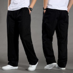 Vyri&scaron;kos plonos pavasario/vasaros laisvalaikio kelnės - didelės, laisvos, grynos medvilnės, elastingas juosmuo, tiesaus kirpimo, vidutinio amžiaus stiliaus 5XL for 110-122.5 kg juoda