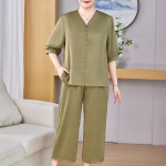 Didelių dydžių 3XL-8XL vasariniai didelių dydžių 2 dalių komplektai moteri&scaron;ki drabužiai pusės ilgio rankovėmis kasdieniai eleganti&scaron;ki laisvi plataus kirpimo kelnių komplektai 8XL žalia