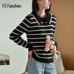 Fanzhen Women's Striped 100% Wool Turn-down Collar Sweater S
