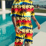 Vasarinis laisvalaikio kostiumas vyrams Dviejų dalių margintų paplūdimio mar&scaron;kinėlių rinkinys + &scaron;ortai O kaklo vyri&scaron;kas sportinis kostiumas, vyri&scaron;kas gatvės aprangos komplektas S