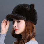 Nauja audinės kepurė moterims su mielomis katės ausimis (Garuose virta katės ausies formos duona) Mink&scaron;tos odos kepurė Žieminė &scaron;ilta kailinė kepurė S（54-56cm） juoda
