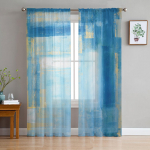 Abstraktus Aliejinis Paveikslas Mėlynos Permatomos Užuolaidos Svetainei Miegamajam Namų Dekorui Virtuvės Tiulis Langams Voile Draperijos 135W x 244H(cm)x2