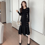 Rudeninė moteri&scaron;ka suknelė su apvaliu kaklu Hepburn Waisted Fishtail megzta suknelė One Size juoda