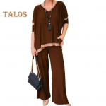 2 vnt./komplektas Moteri&scaron;kas vir&scaron;utinis kelnių rinkinys V kaklelis Trijų ketvirčių rankovių džemperis elastiniu juosmeniu plačiomis kojomis sportinės aprangos rudens laisvalaikio sportinis kostiumas XXXL tamsiai ruda spalva