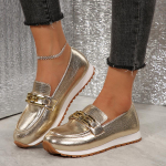 madingos moteri&scaron;kos platformos mokasinai su grandinėlės dekoru Madingi aukso ir sidabro PU odiniai plok&scaron;čiapadžiai batai Moteri&scaron;ki lengvi įsispiriami laisvalaikio batai Dideli dydžiai 36 auksas