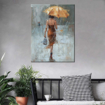Canvas Wall Art Mergaitės skėtis su chaki spalvos suknele, vaik&scaron;tanti gatvėje lietaus tapyba Modernaus meno drobė AbstractSvetainės apdaila 21*30cm