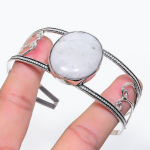 Natural Moonstone Gemstone 925 Sterling Silver Cuff Bangle Adjustable v6f93