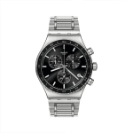 Swatch Metal Series Kvarcinis Mechanizmas 30m Vandeniui Atsparus Laikrodis 43mm Juodas Ciferblatas Nerūdijančio Plieno Dėklas Plieninė Apyrankė Unisex Laikrodžiai Sidabrinis YVS495G YVS495G